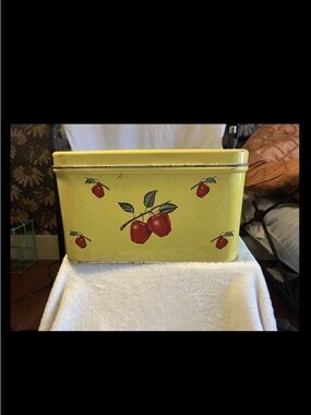 Vintage Yellow Tin Storage Bread Box with Red Apple Motif